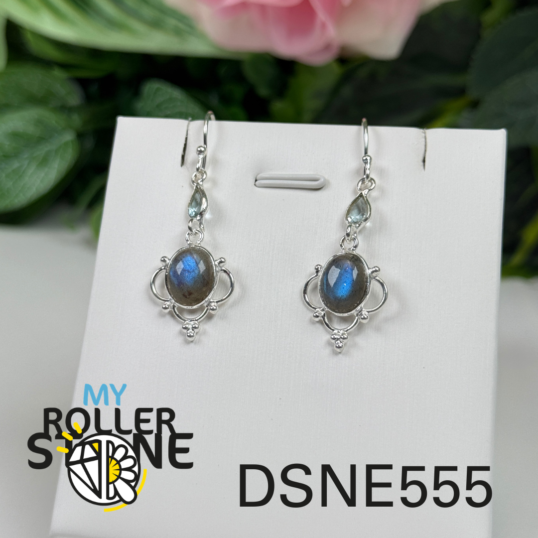 Boucles d’oreilles argent labradorite et topaze bleue #E555