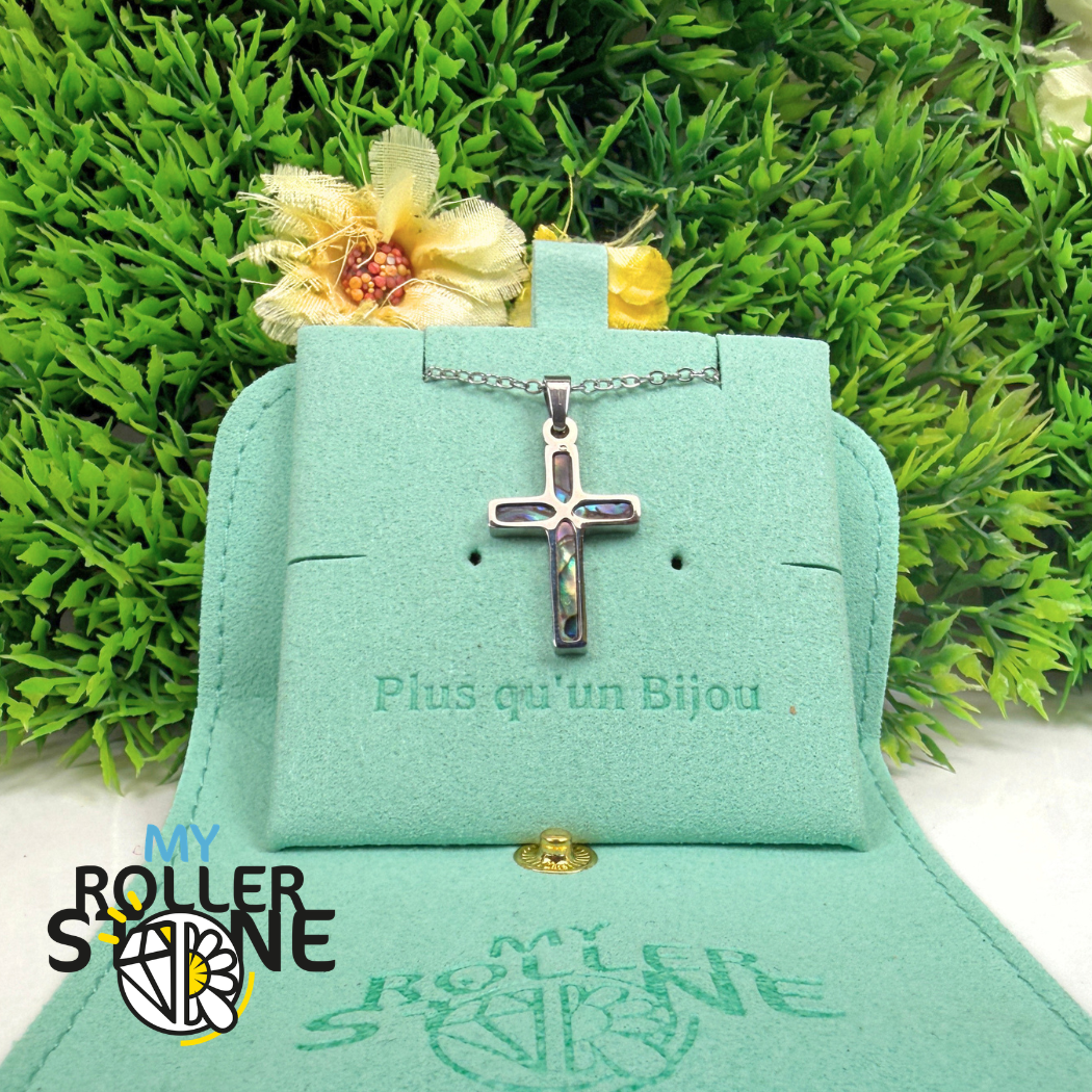 Collier Croix Abalone en Acier Inoxydable