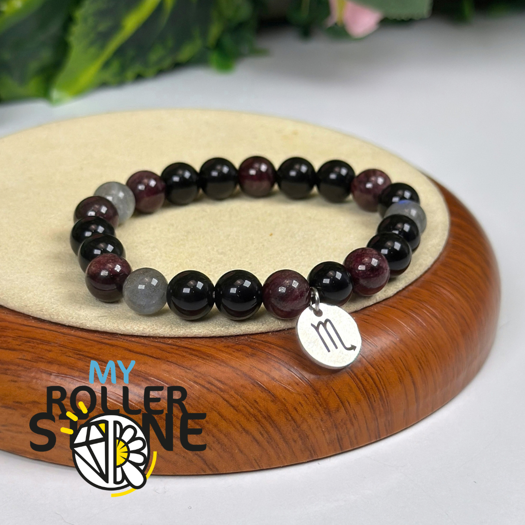 Bracelet Signe Lunaire Scorpion – Obsidienne noire, Grenat & Labradorite