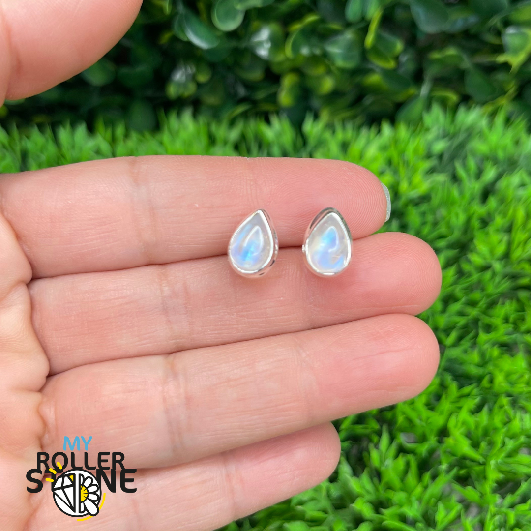 Boucles d&#39;oreilles Pierre de Lune Arc-en-Ciel puce goutte serti #14