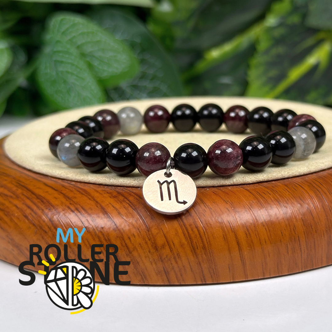 Bracelet Signe Lunaire Scorpion – Obsidienne noire, Grenat & Labradorite