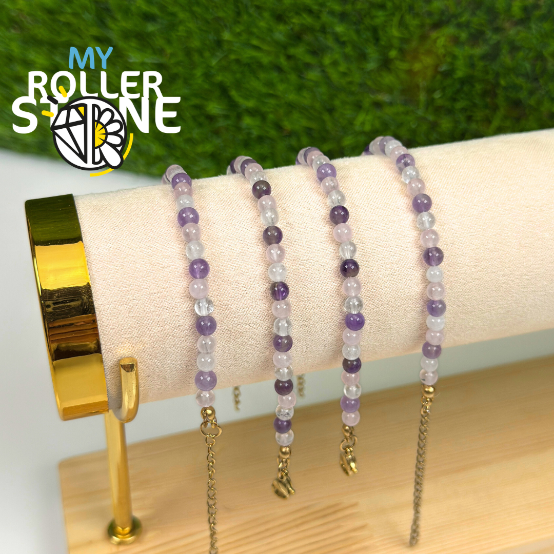Bracelet réglable associant des perles de quartz rose et d’améthyste