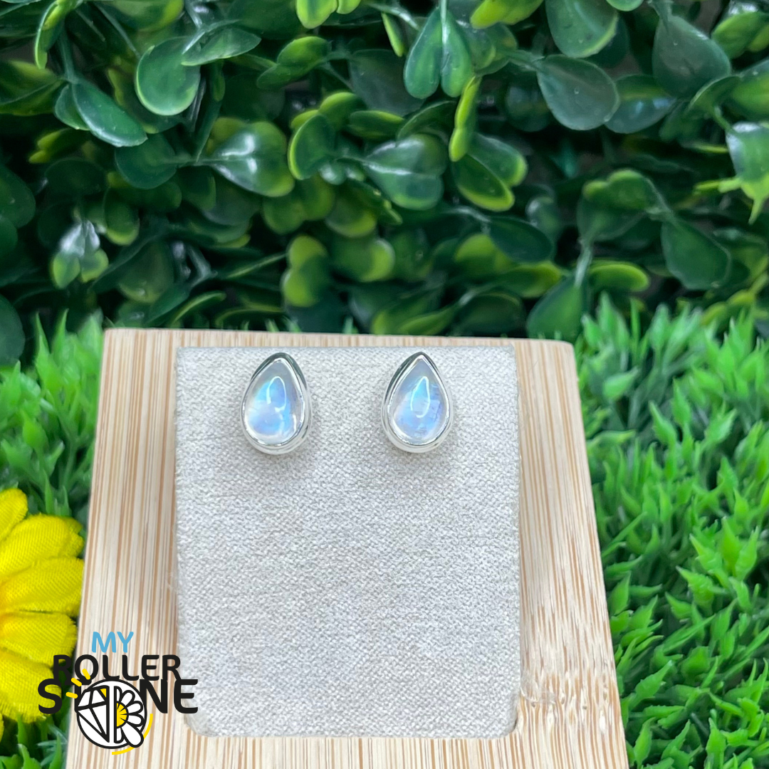 Boucles d&#39;oreilles Pierre de Lune Arc-en-Ciel puce goutte serti #14