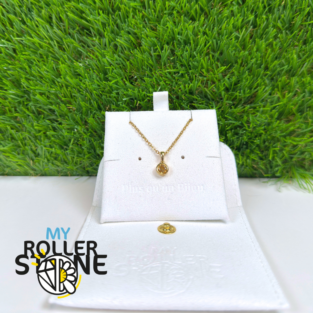 Pendentif Soliatire Citrine Sertie Ronde Argent 925 Plaqué Or