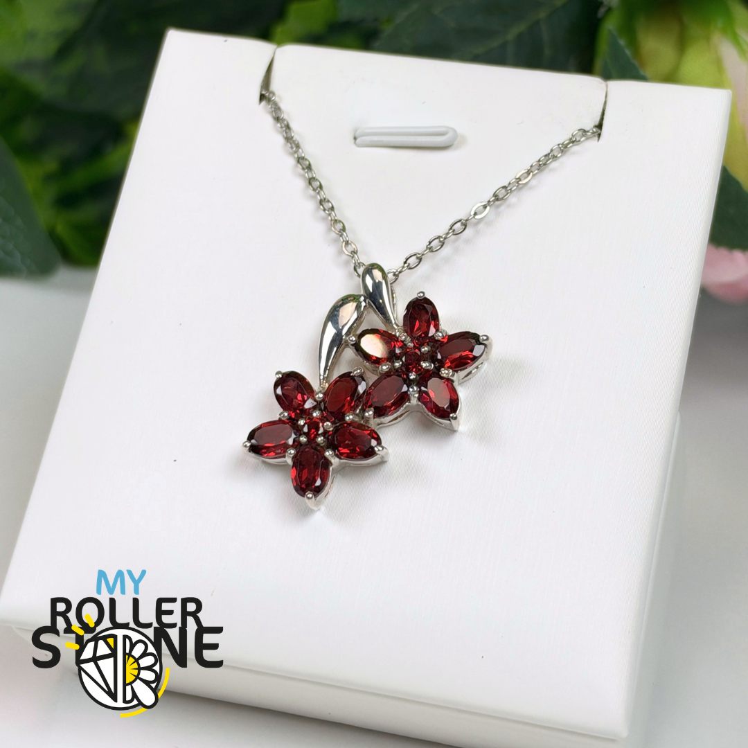 Pendentif Fleur en Grenat Rouge et Argent 925 #P1306G