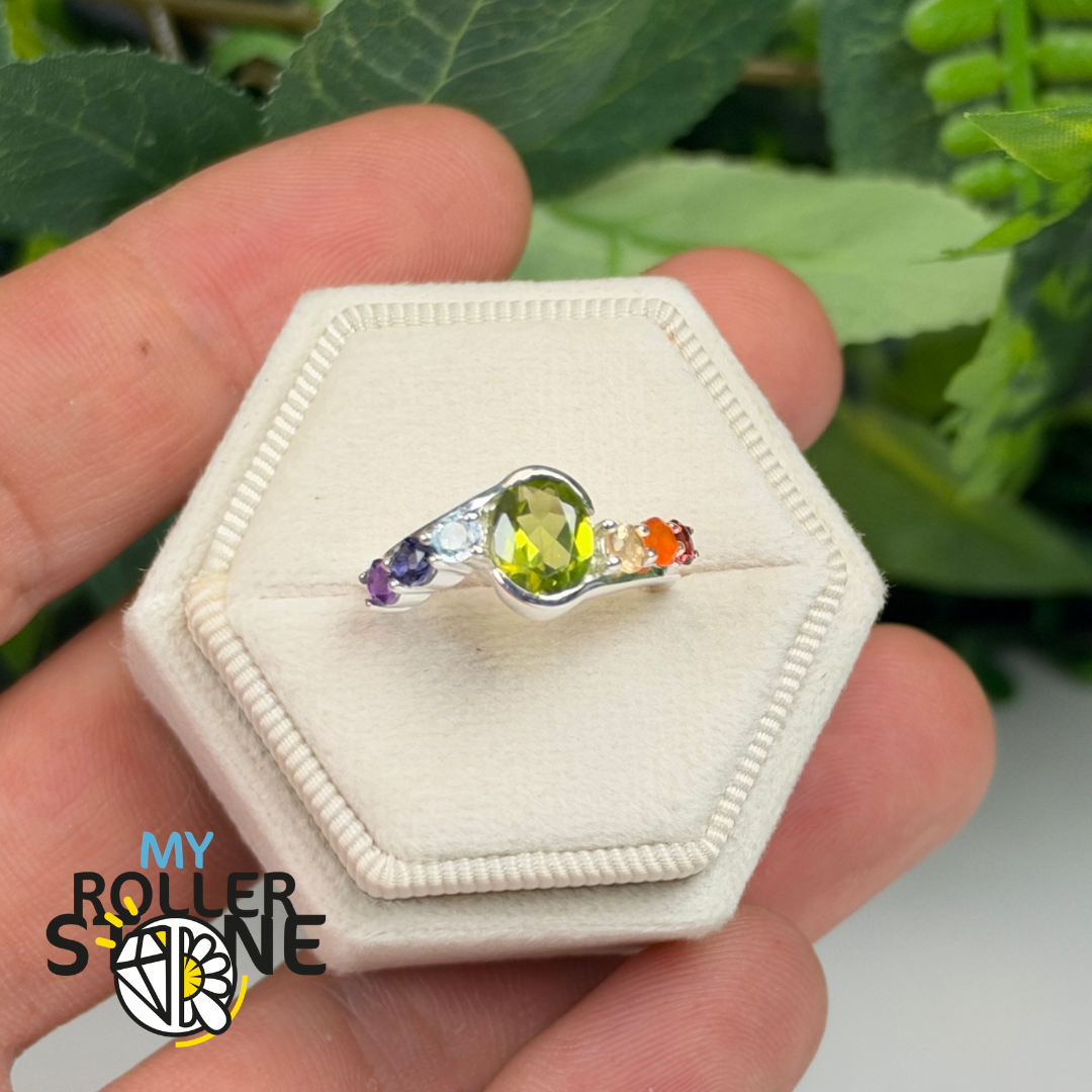 Bague 7 Chakras en Argent 925 et Pierres Naturelles Facettées