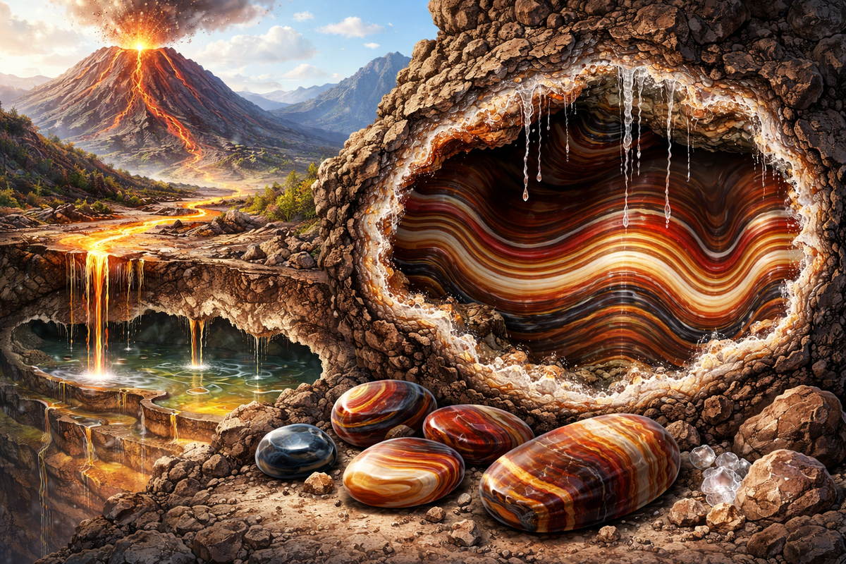 Sardonyx naturelle : bandes contrastées, nuances brunes, rouges, noires et blanches.
