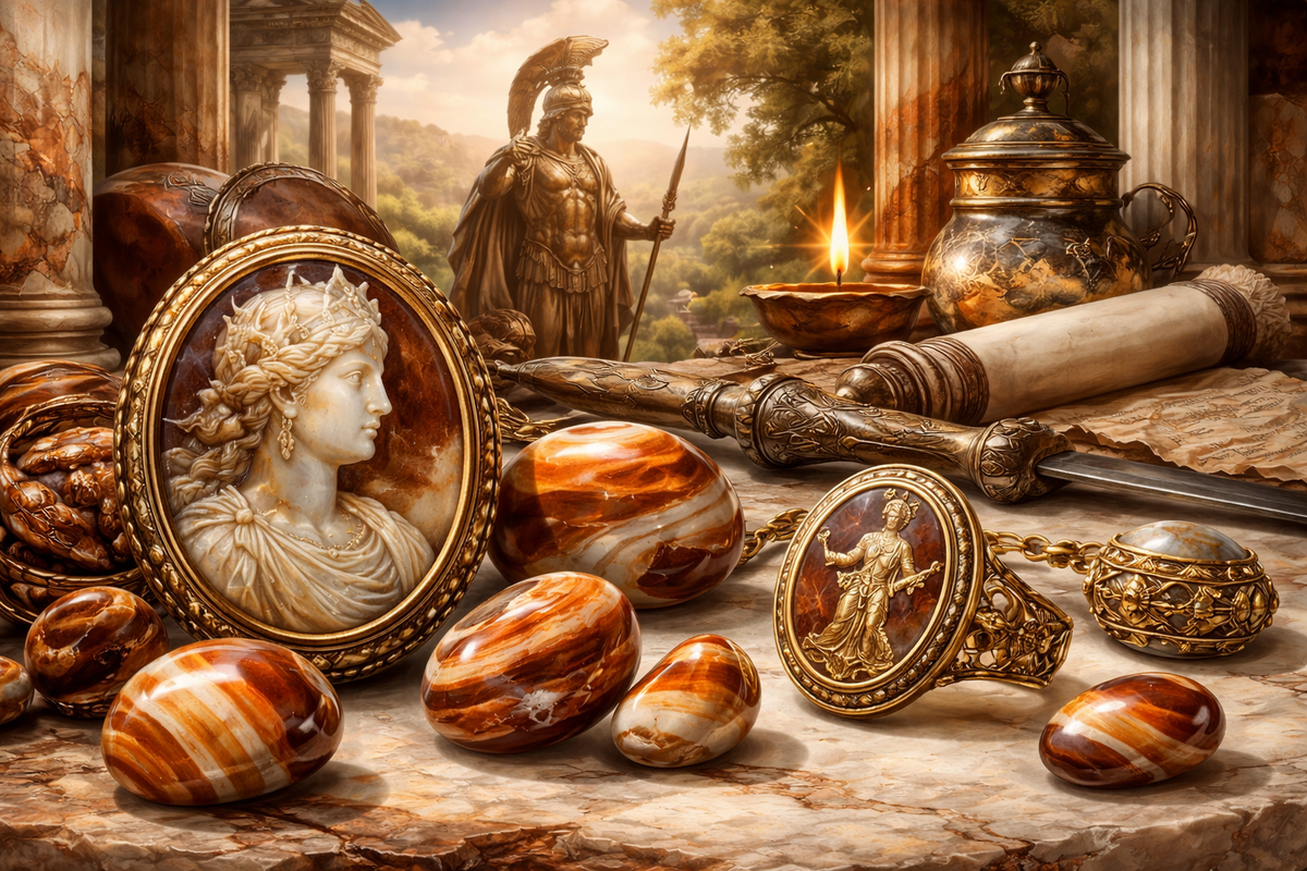 Sardonyx et histoire : une pierre utilisée depuis l’Antiquité pour les sceaux et les camées.