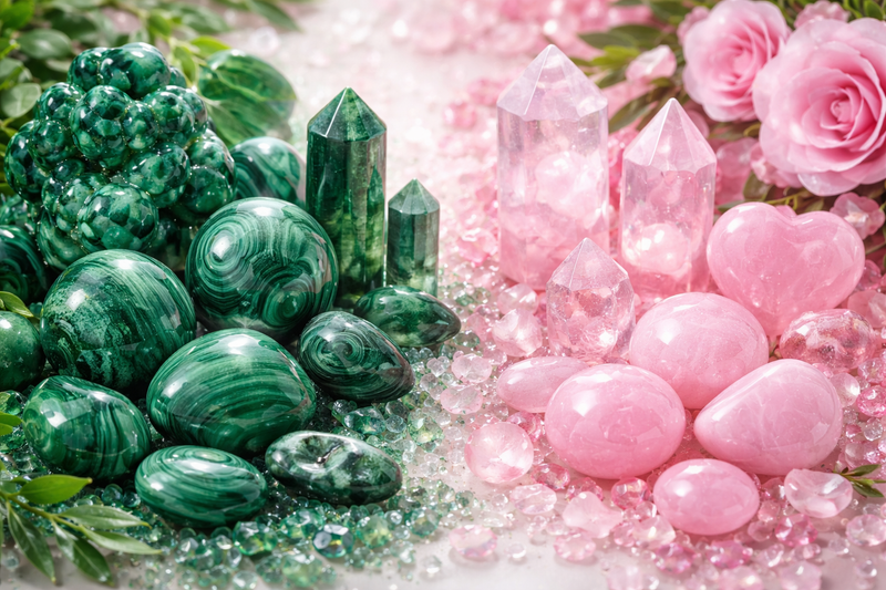 Malachite et associations avec le Quartz Rose