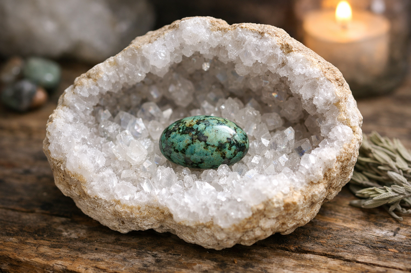 Rechargement sur géode de Quartz de la Turquoise Africaine