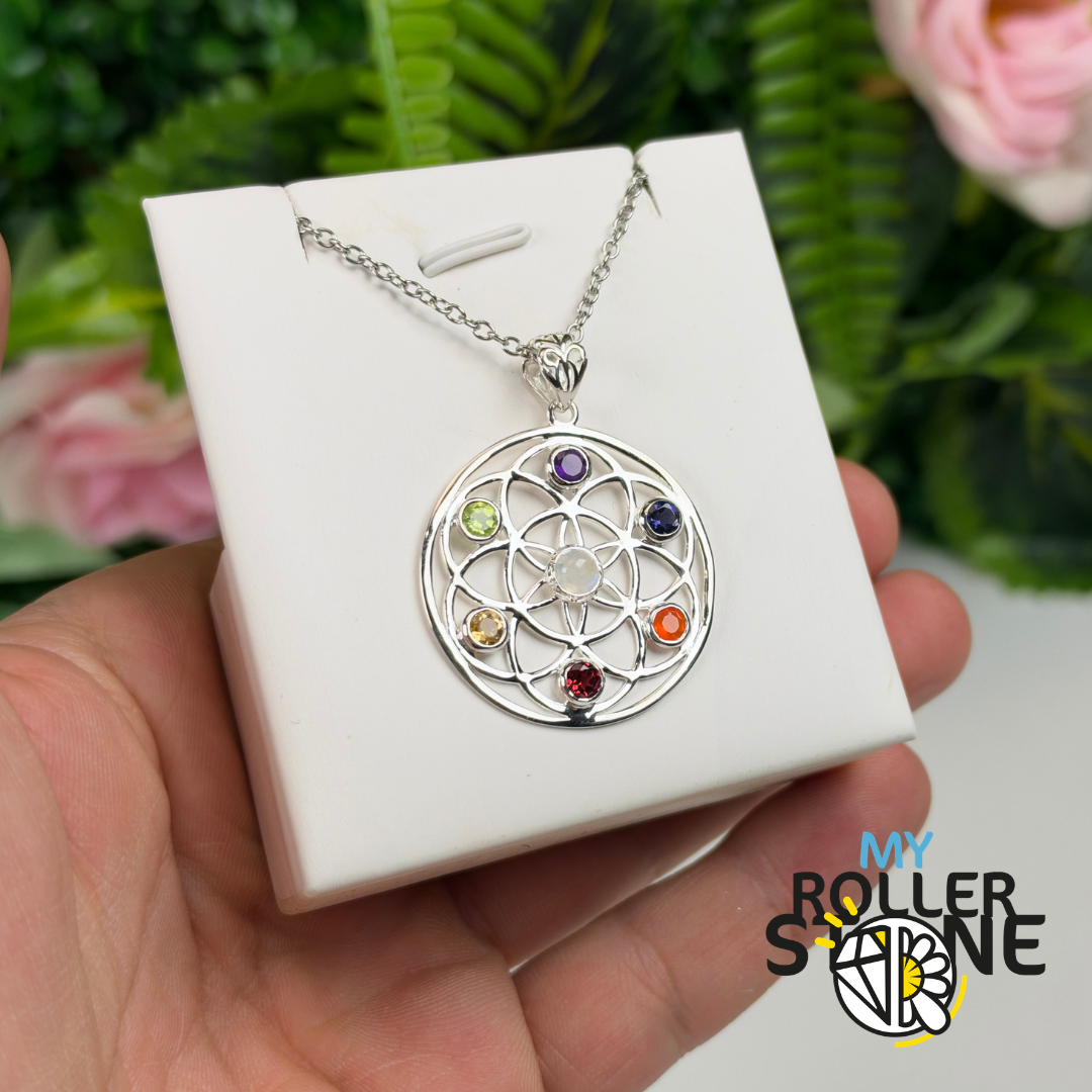 Pendentif Fleur de Vie 7 Chakras en Argent 925 et Pierres Naturelles