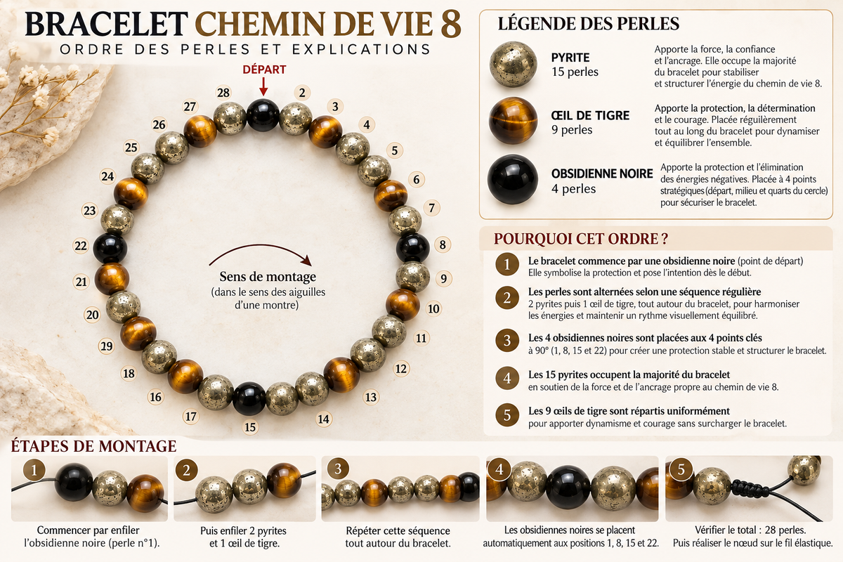 Bracelet Chemin de Vie 8 – Pyrite, Œil de tigre & Obsidienne noire
