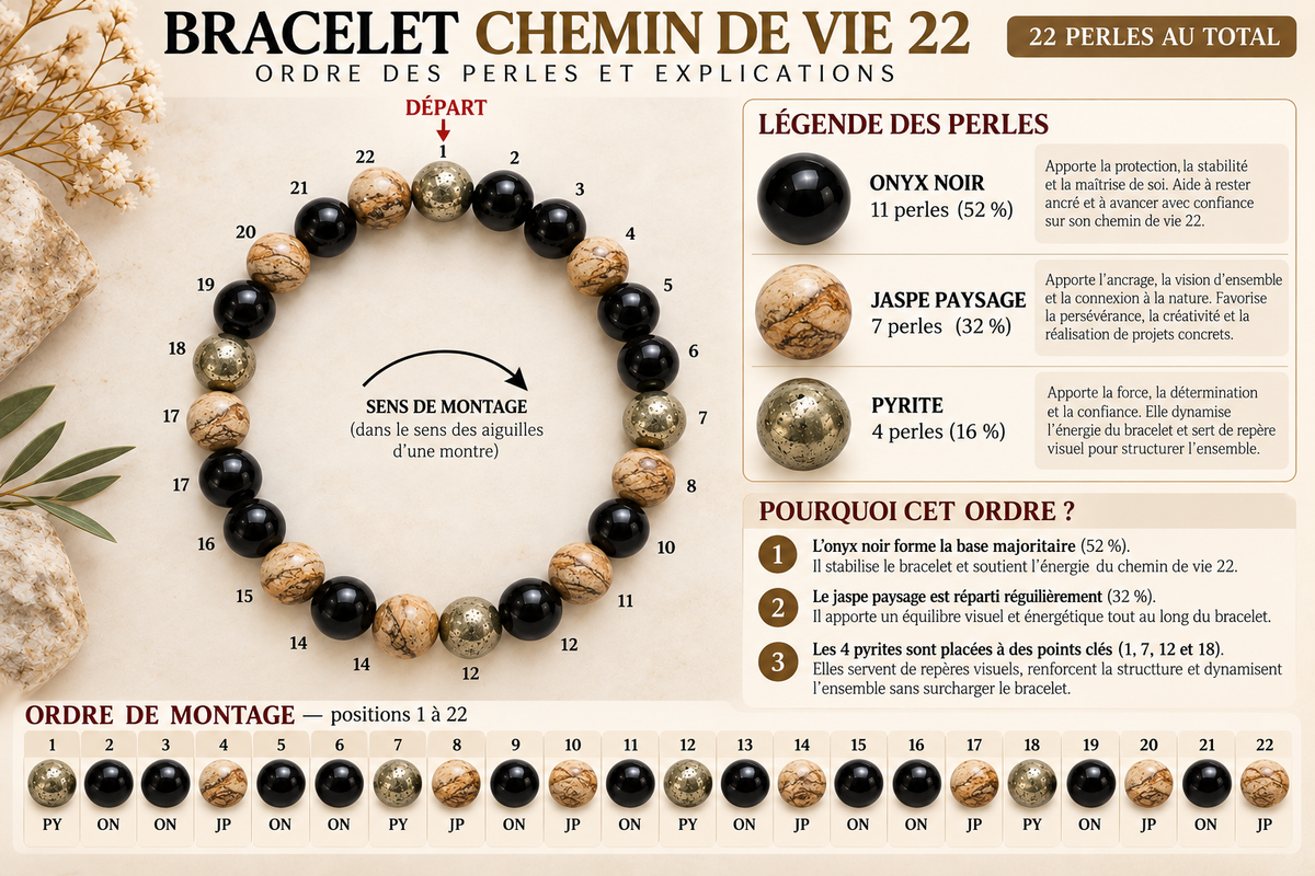 Bracelet Chemin de Vie 22 – Onyx noir, Jaspe paysage & Pyrite