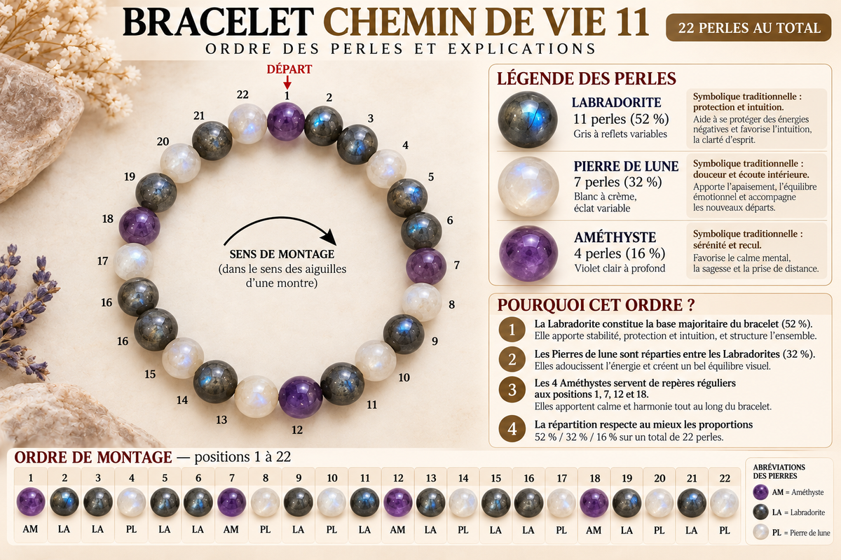 Bracelet Chemin de Vie 11 – Labradorite, Pierre de lune & Améthyste