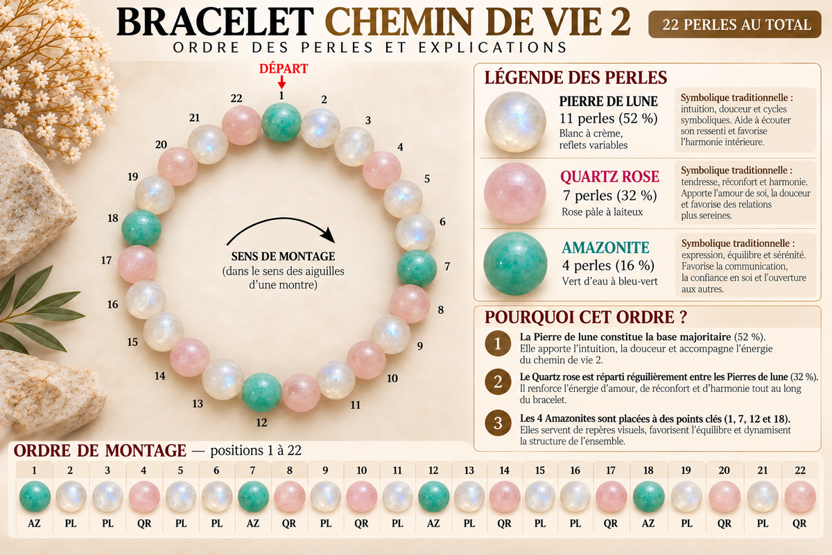 Bracelet Chemin de Vie 2 – Pierre de lune, Quartz rose & Amazonite