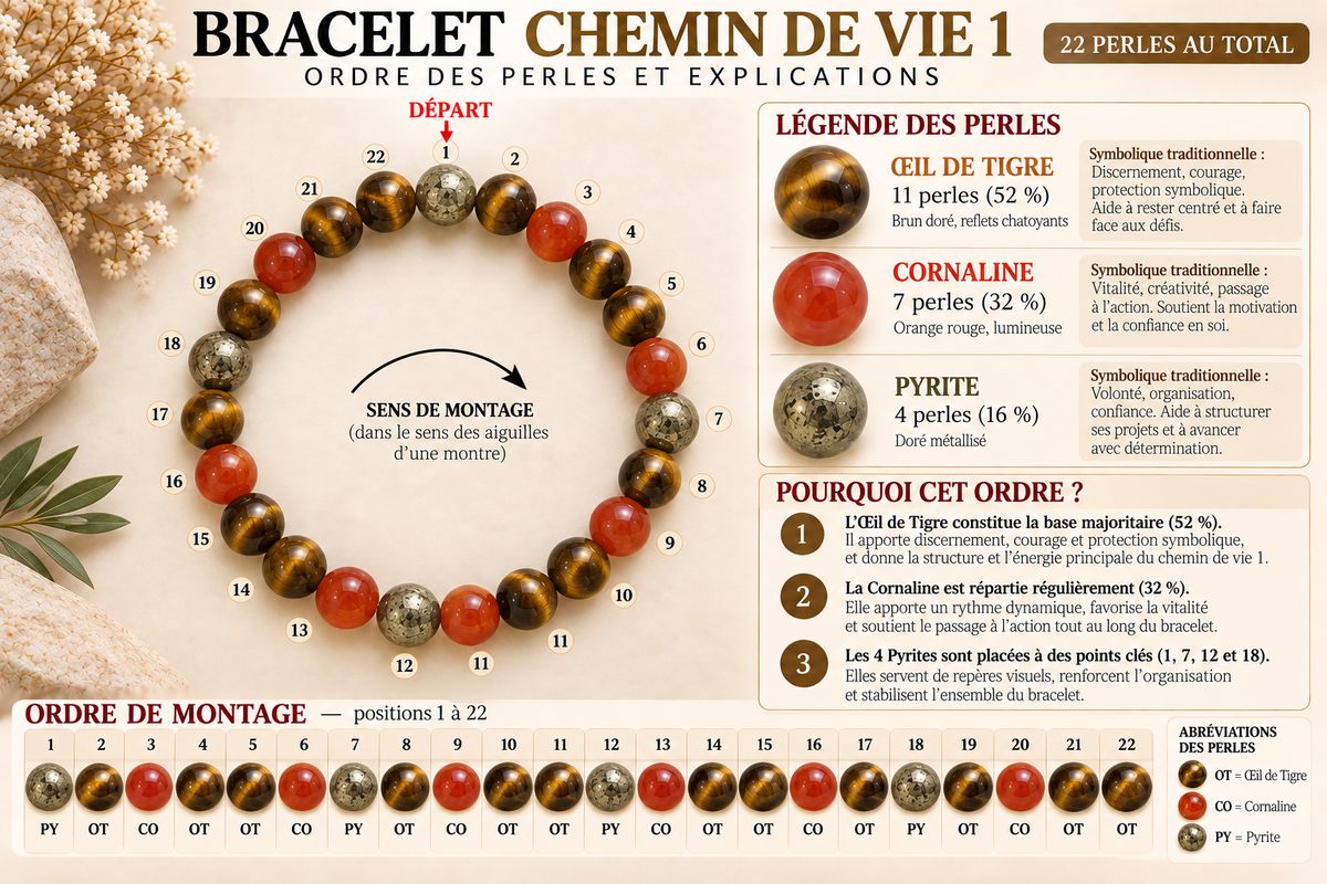 Bracelet Chemin de Vie 1 – Œil de tigre, Cornaline & Pyrite