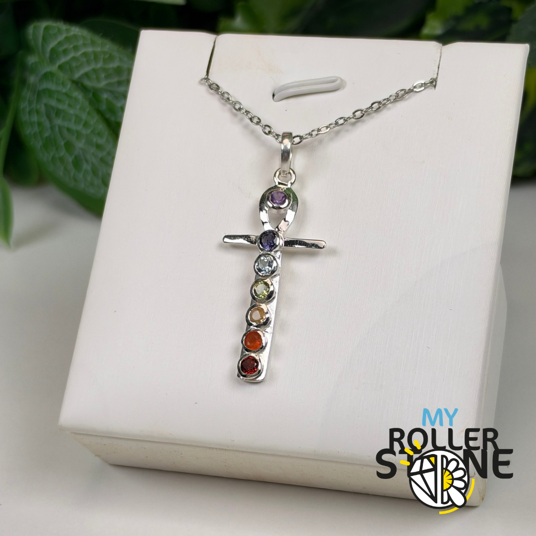 Pendentif Croix Ankh Égyptienne 7 Chakras en Argent 925 et Pierres Naturelles