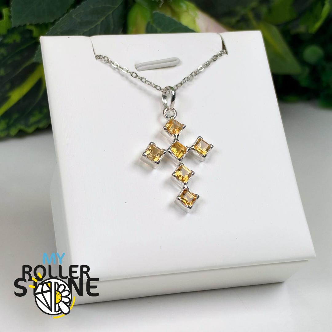 Pendentif Croix en Citrine Facettée et Argent 925