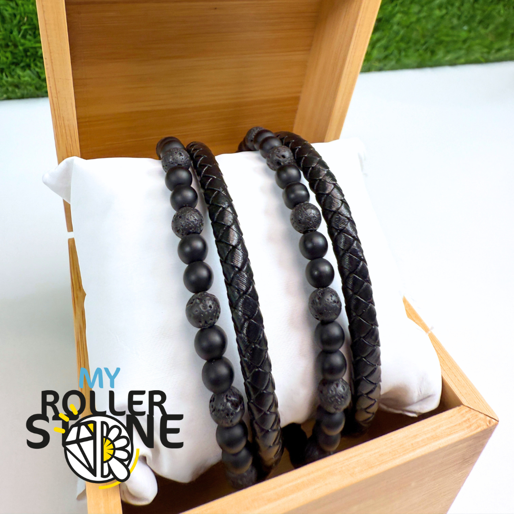 Bracelet Cuir & Pierre De Lave Noire Tressé - Perles 8 Mm Acier 316L Hypoallergénique Homme Femme