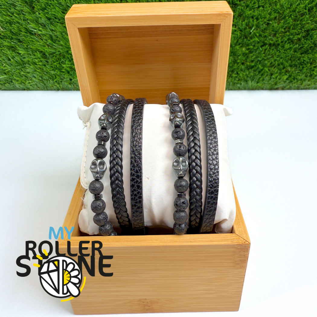 Bracelet Cuir Tête-de-Mort Pierre de Lave