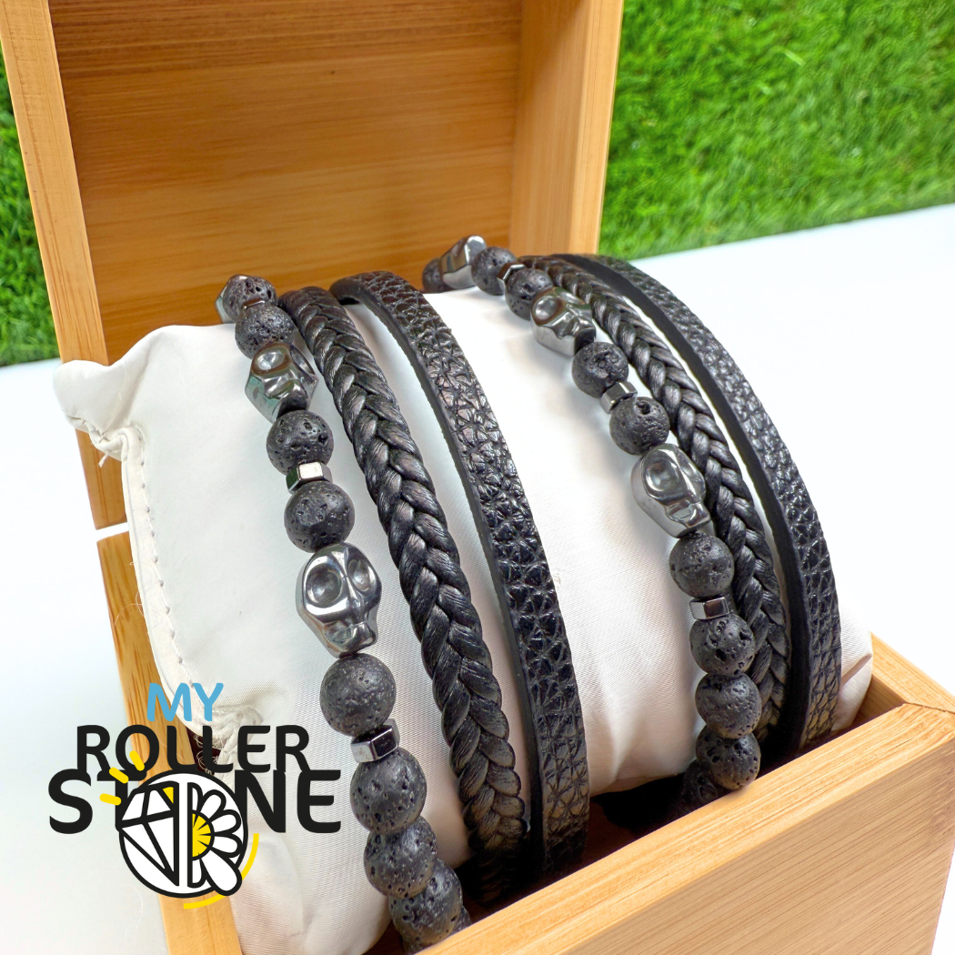 Bracelet Cuir Tête-de-Mort Pierre de Lave