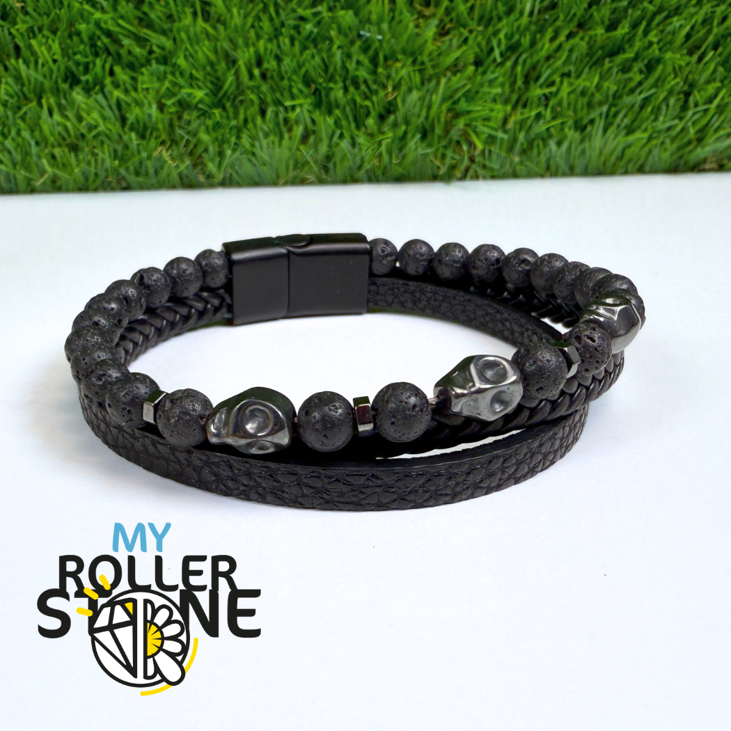 Bracelet Cuir Tête-de-Mort Pierre de Lave