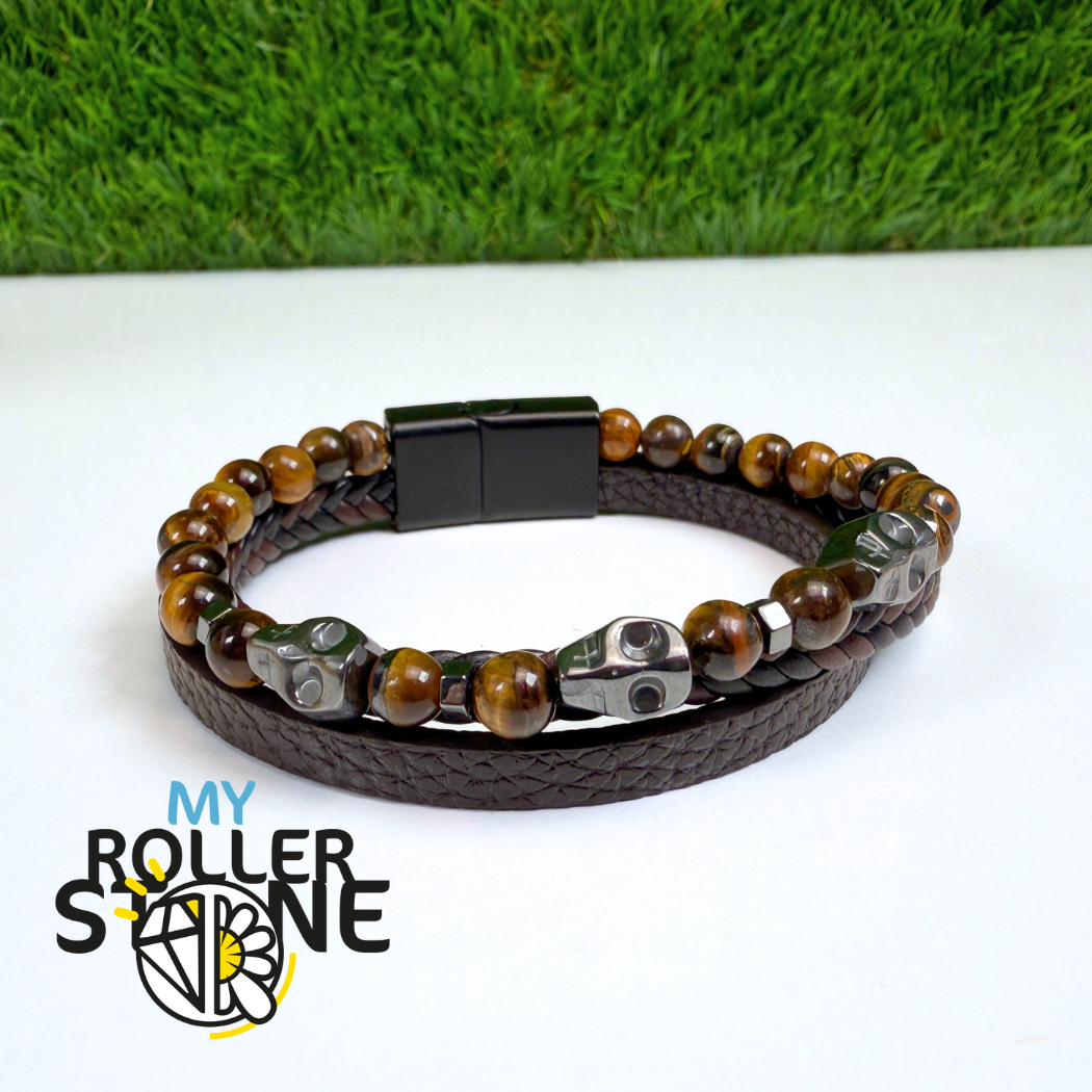 Bracelet Cuir Tête-de-Mort Oeil de Tigre