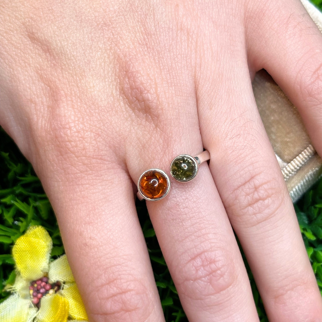 Bague Ambre Vert et Cognac Argent