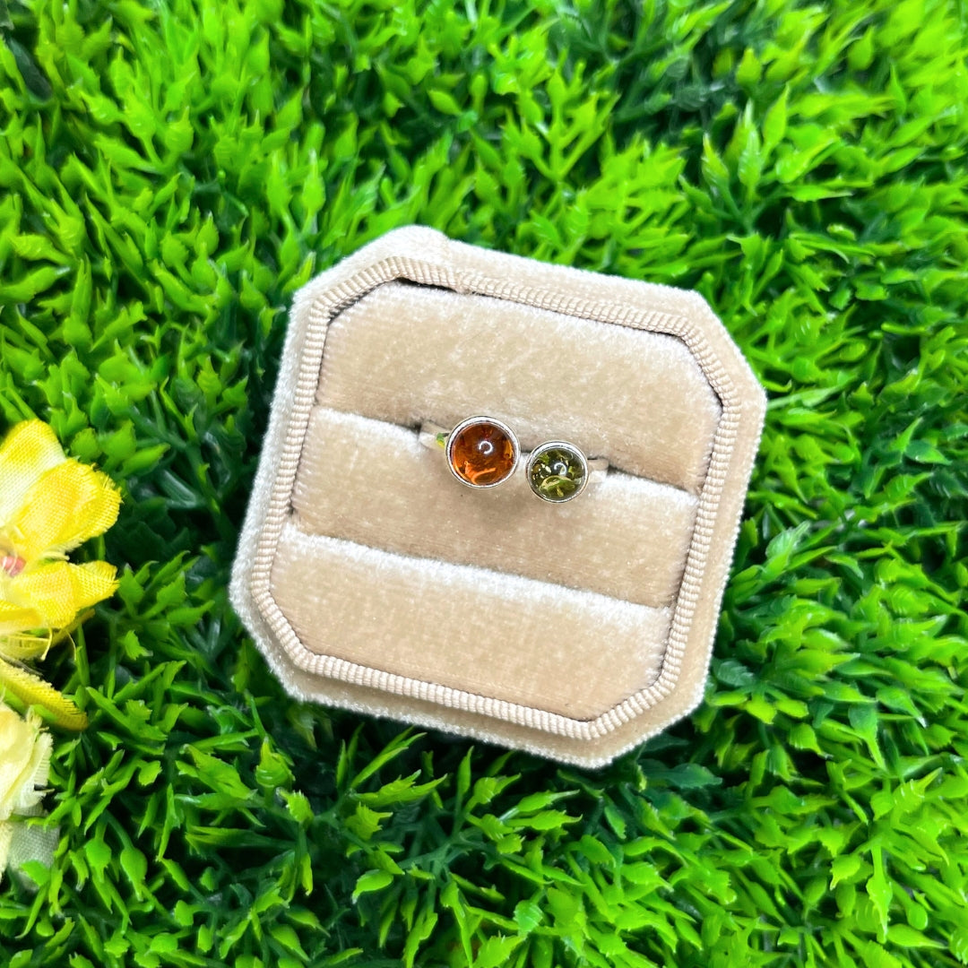Bague Ambre Vert et Cognac Argent