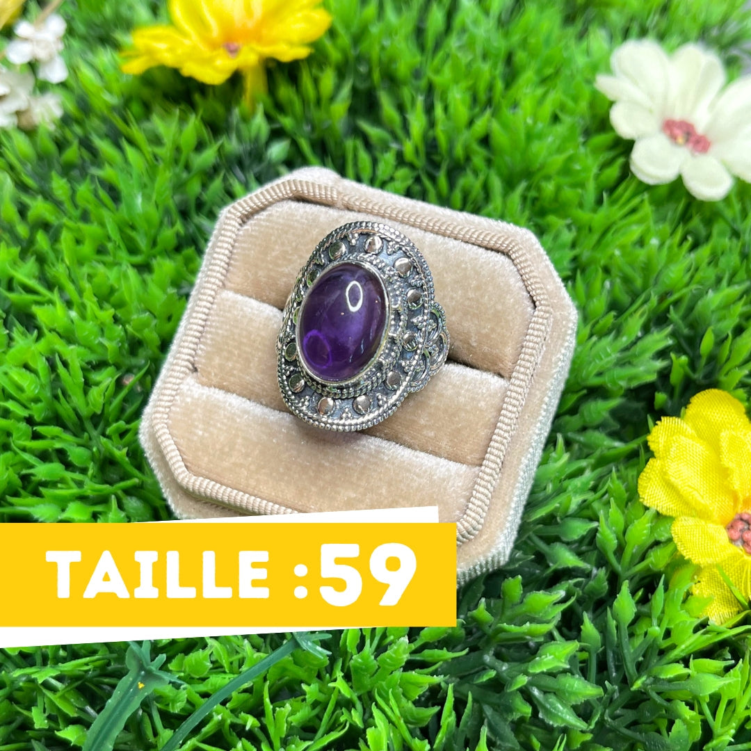 Antique Vintage Déco Mi Siècle Argent Sterling Améthyste Rond Bague Sz Antique Vintage Déco Mi Siècle Argent Sterling Améthyste Rond Bague Sz