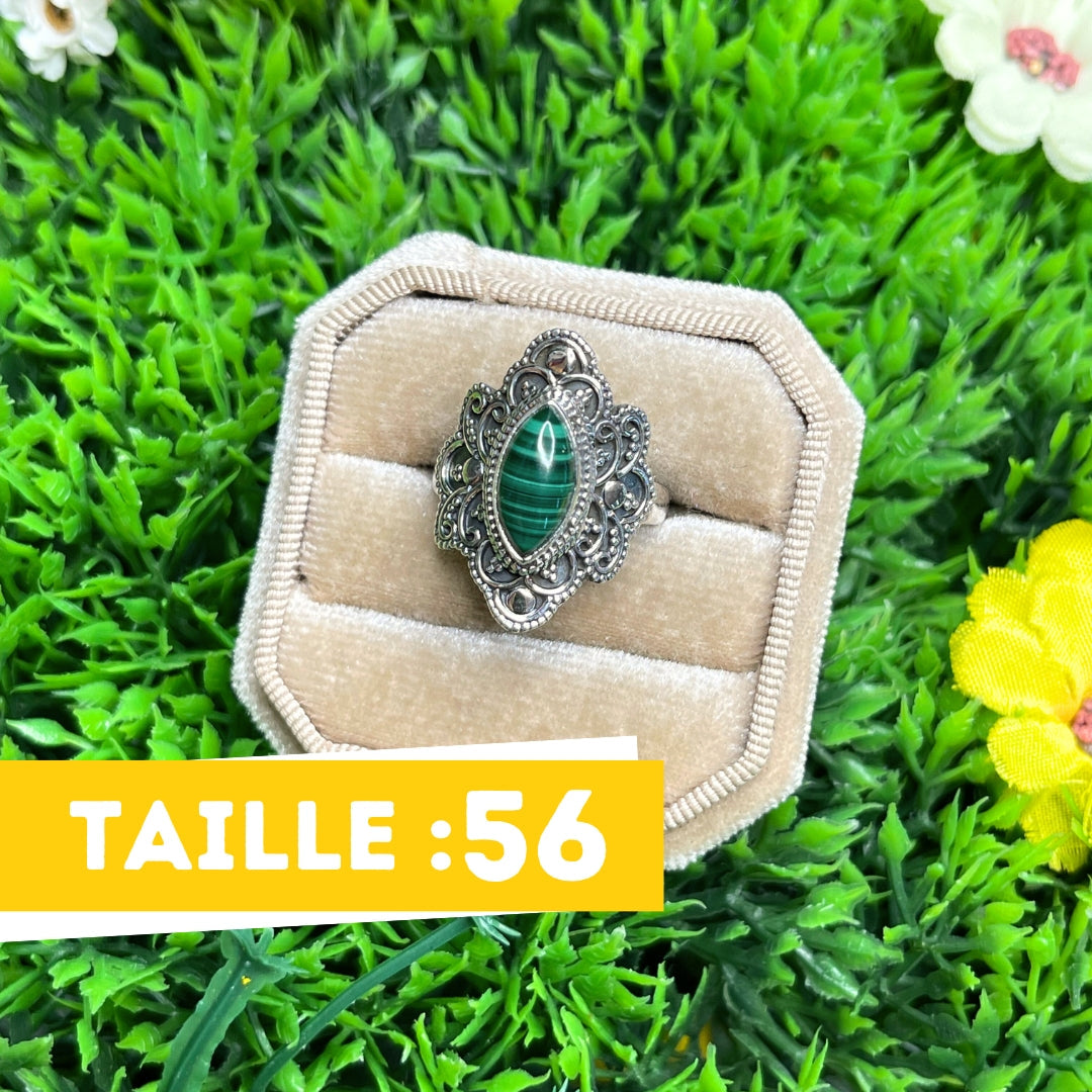Bague Ancienne Argent Massif 925 - Malachite Verte - Taille 57 - Neuf De Stock