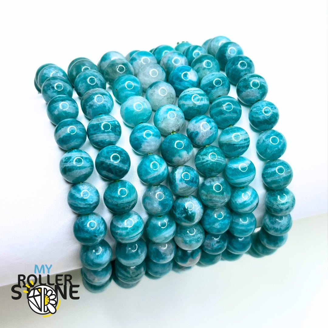 Bracelet Pierre Naturelle Fait Main – Agate Bleue Et Amazonite – Perles Culture – Fermoir Mousqueton Plaqué Or 18K
