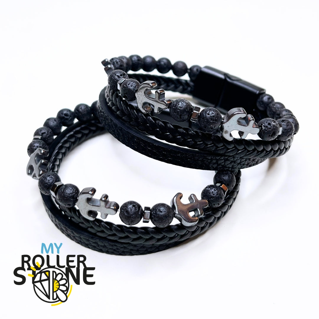 Bracelet Cuir Ancre Pierre de Lave