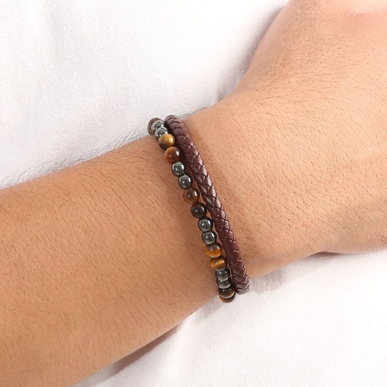 Bracelet cuir double rang Hématite et Oeil de tigre