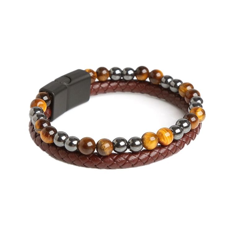 Bracelet cuir double rang Hématite et Oeil de tigre