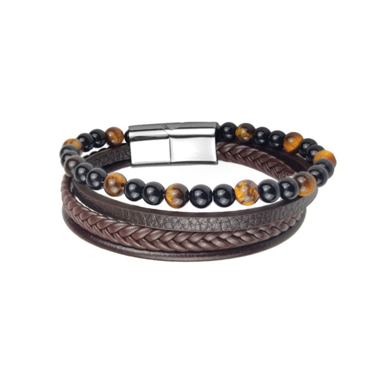 Bracelet cuir Quadruple rang Oeil de tigre et Obsidienne