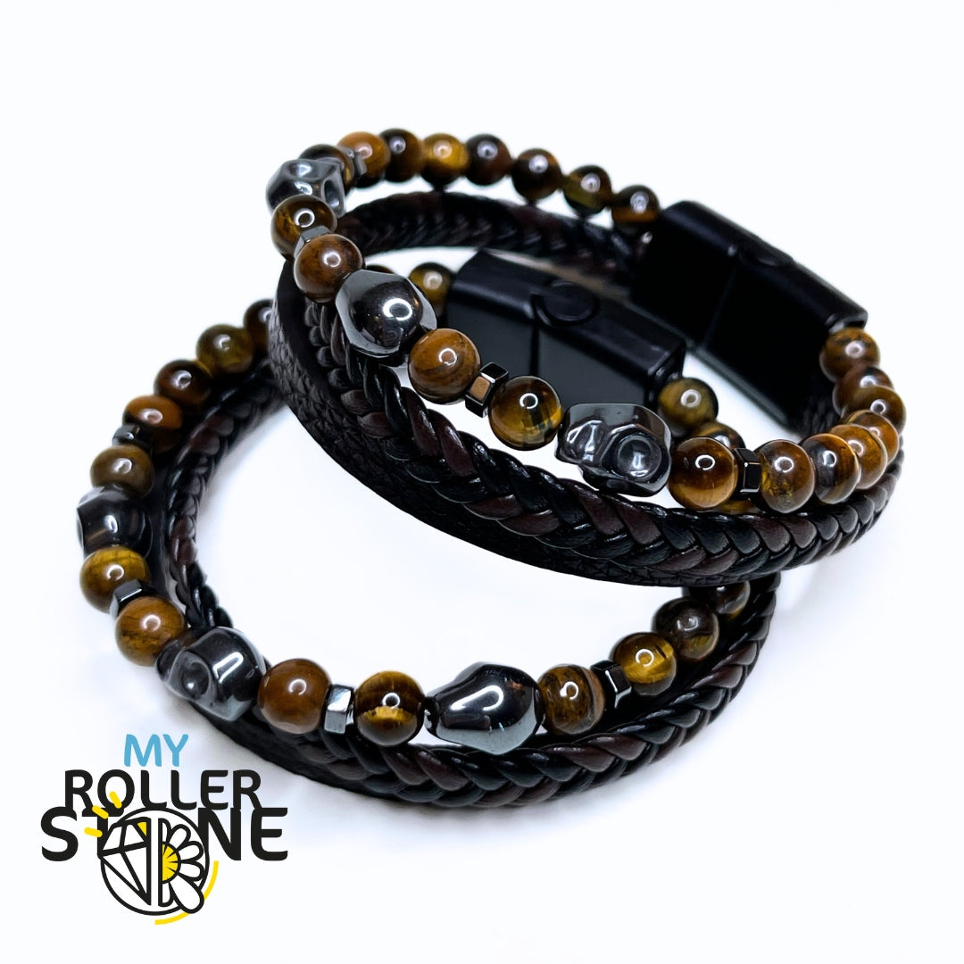 Bracelet Cuir Tête-de-Mort Oeil de Tigre