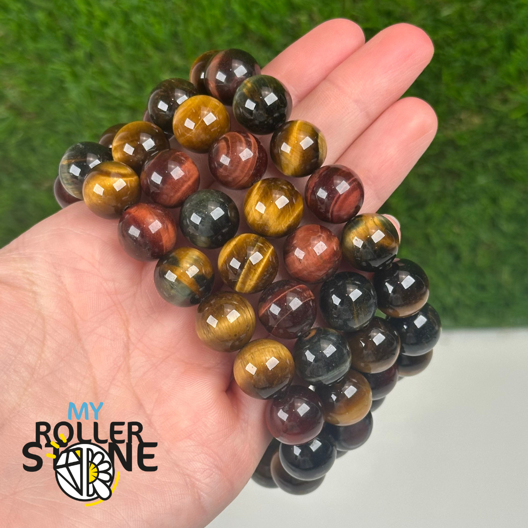 Bracelet en Oeil de tigre, faucon et taureau 12 mm