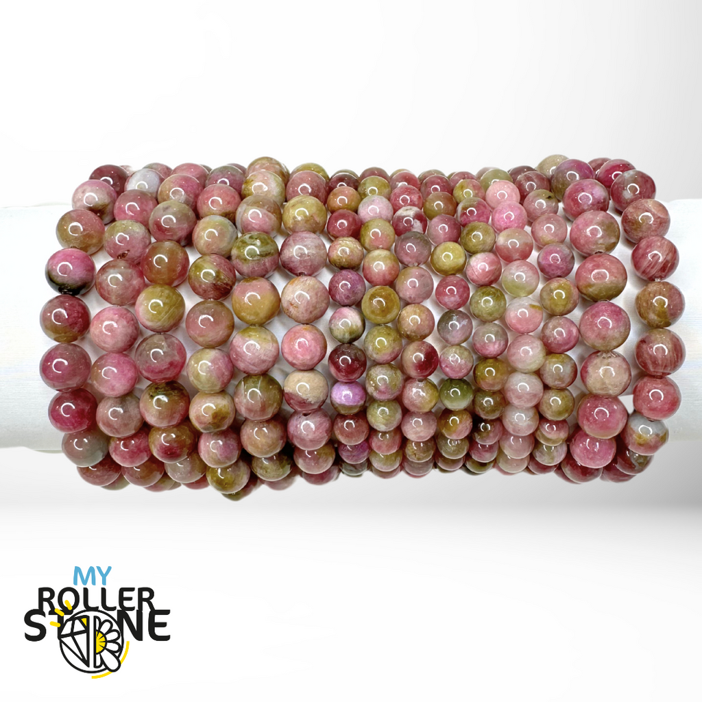 Bracelet Perles Tourmaline Multicolore + Tourmaline Pastèque 8mm - Neuf