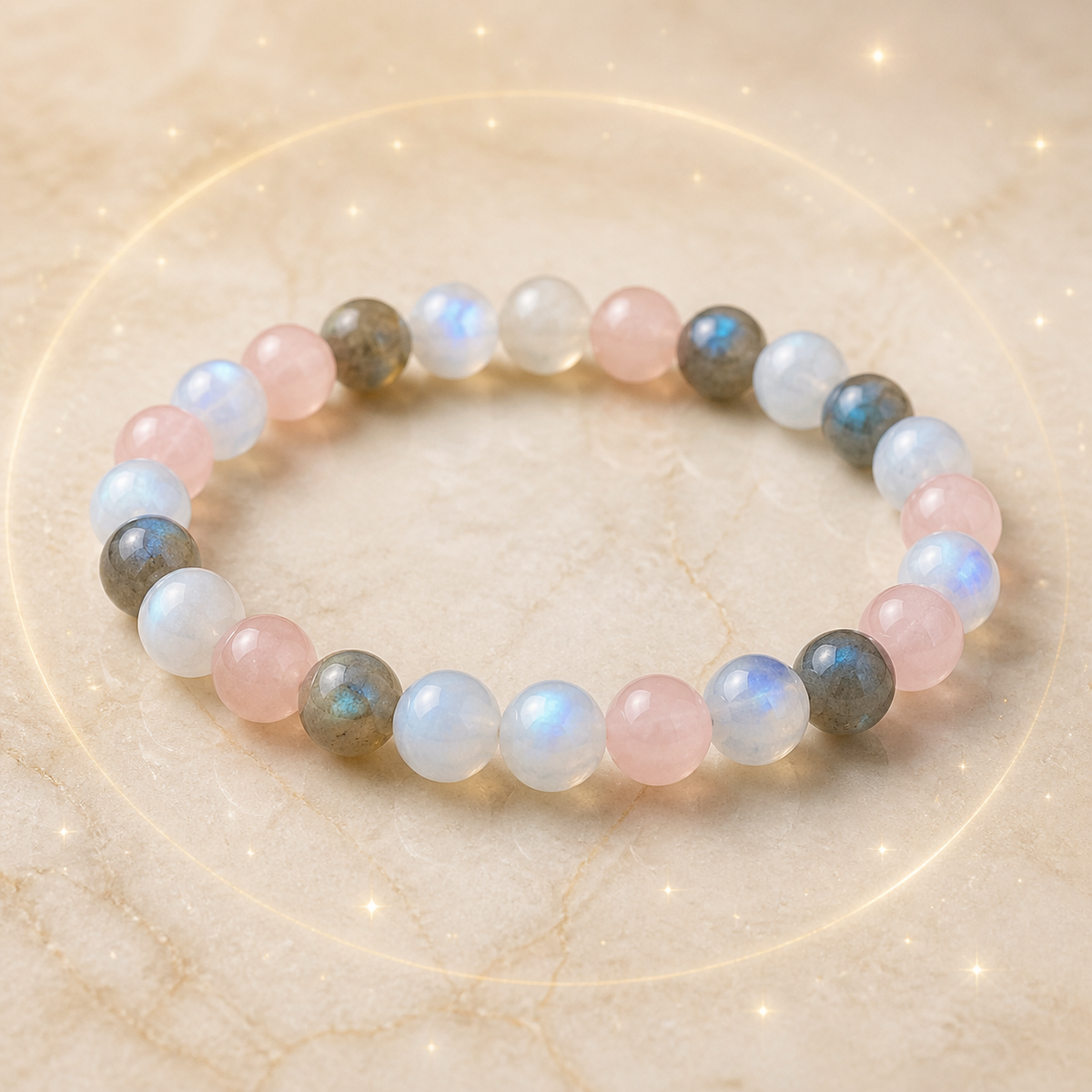 Bracelet Signe Lunaire Cancer en Pierre de lune, Quartz rose, Labradorite