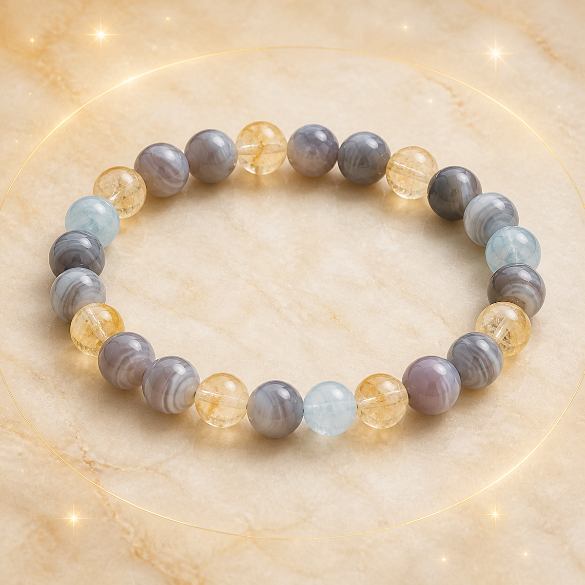 Bracelet Signe Lunaire Gémeaux en Agate du Botswana, Citrine, Aigue-marine