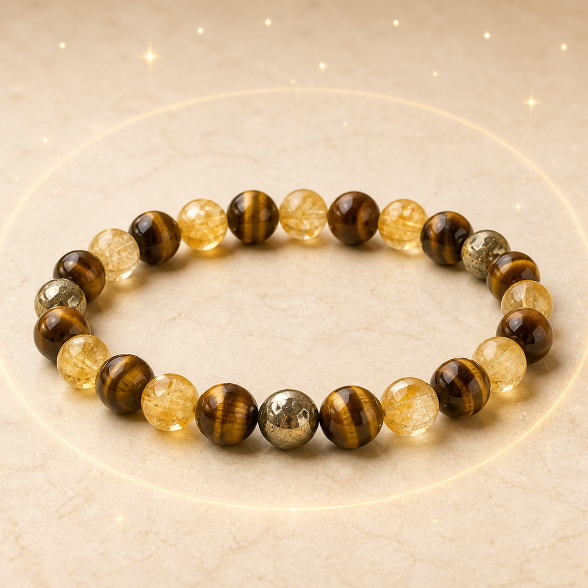 Bracelet Signe Lunaire Lion en Œil de tigre, Citrine, Pyrite