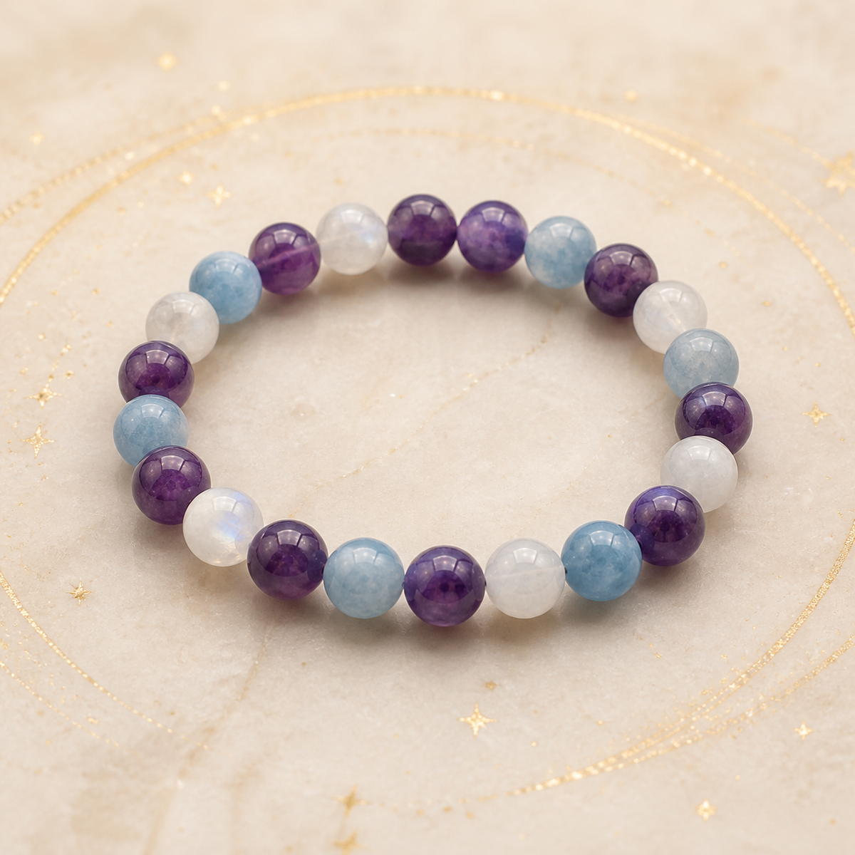 Bracelet Signe Lunaire Poissons en Améthyste, Aigue-marine, Pierre de lune