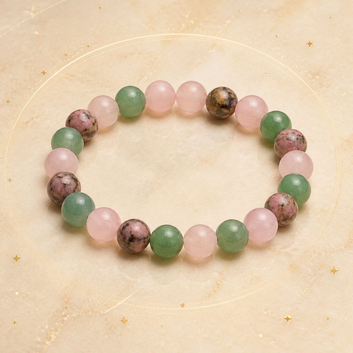 Bracelet Signe Lunaire Taureau en Quartz rose, Aventurine verte, Rhodonite