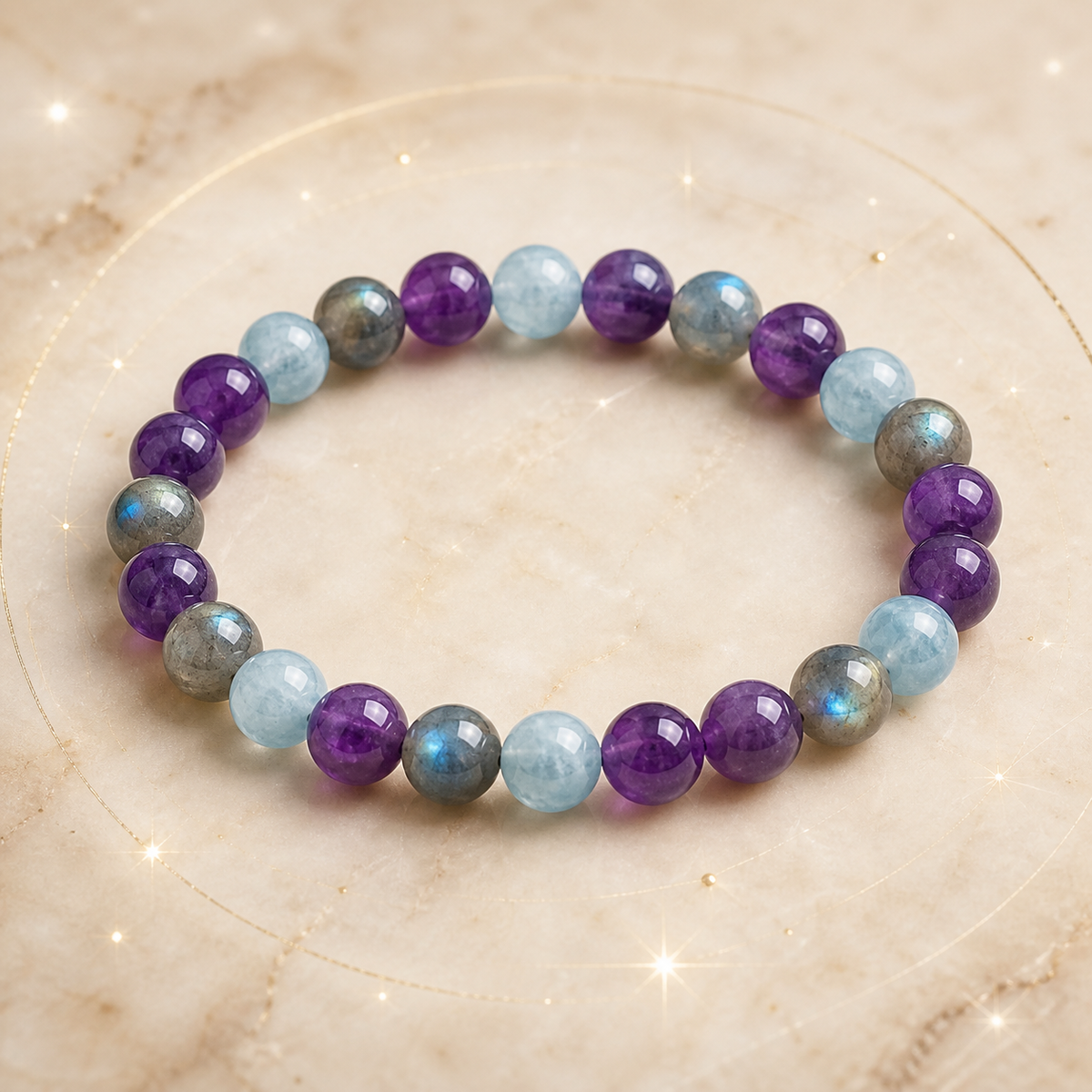 Bracelet Signe Lunaire Verseau en Améthyste, Labradorite, Aigue-marine