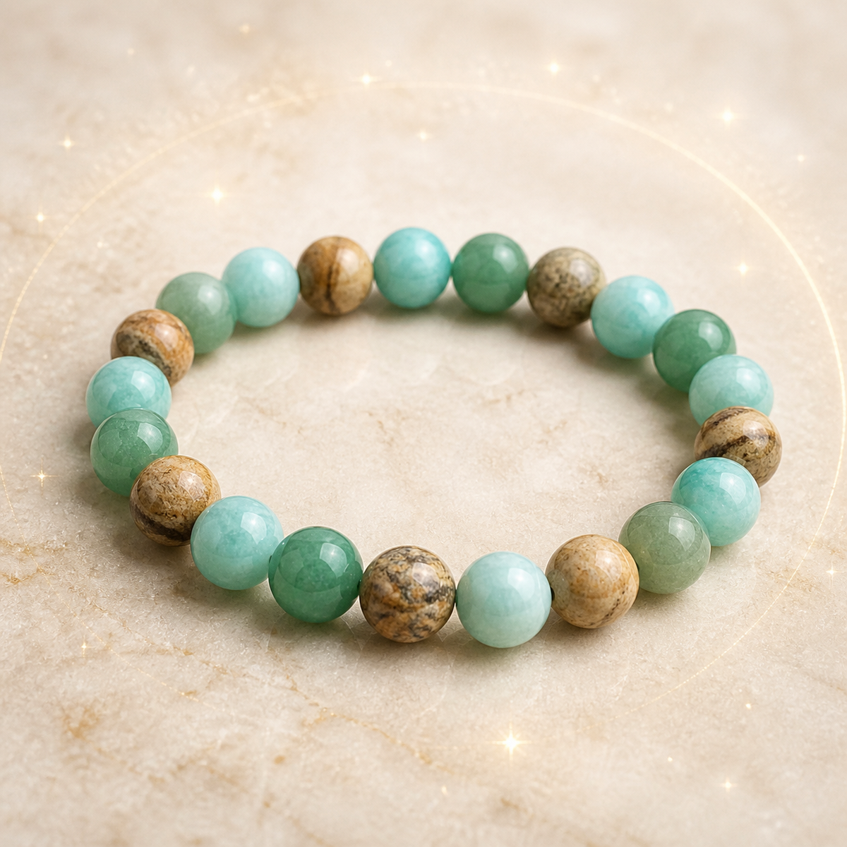 Bracelet Signe Lunaire Vierge en Amazonite, Jaspe paysage, Aventurine verte