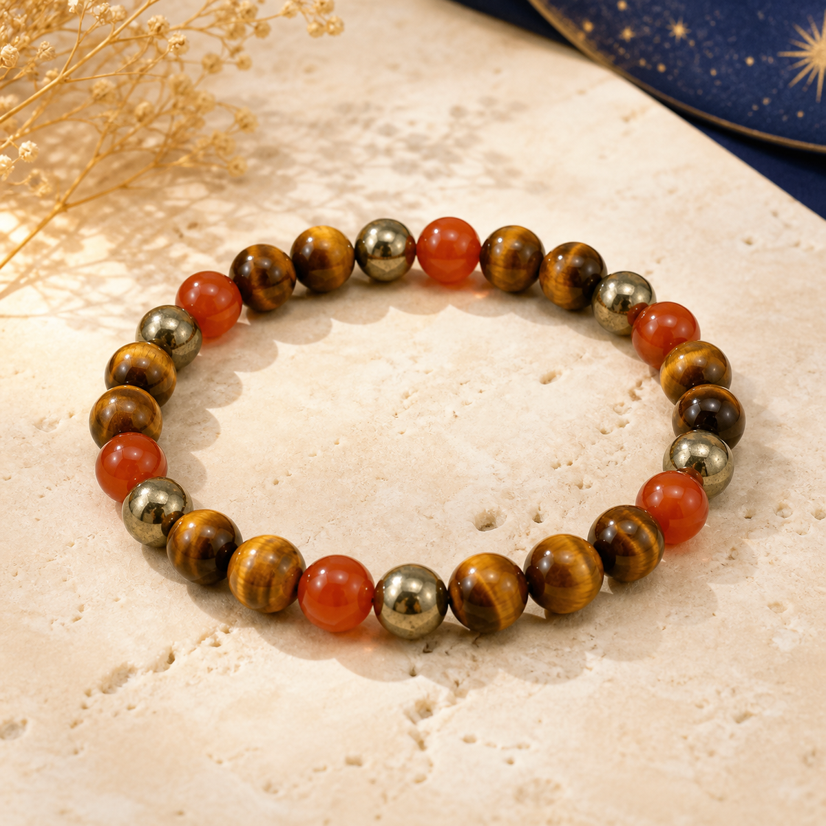 Bracelet Chemin de Vie 1 – Œil de tigre, Cornaline & Pyrite sur fond ivoire et céleste