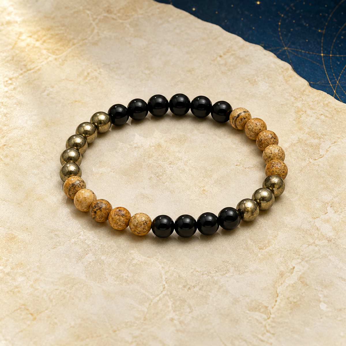 Bracelet Chemin de Vie 22 – Onyx noir, Jaspe paysage & Pyrite sur fond ivoire et céleste