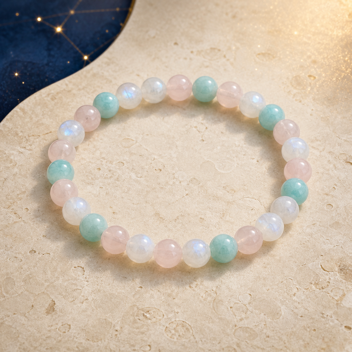 Bracelet Chemin de Vie 2 – Pierre de lune, Quartz rose & Amazonite sur fond ivoire et céleste
