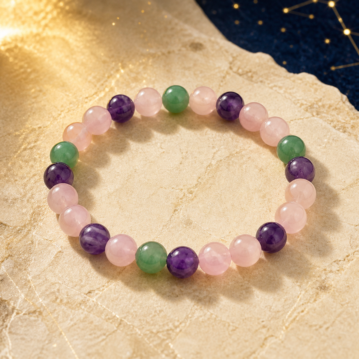 Bracelet Chemin de Vie 33 – Quartz rose, Améthyste & Chrysoprase sur fond ivoire et céleste